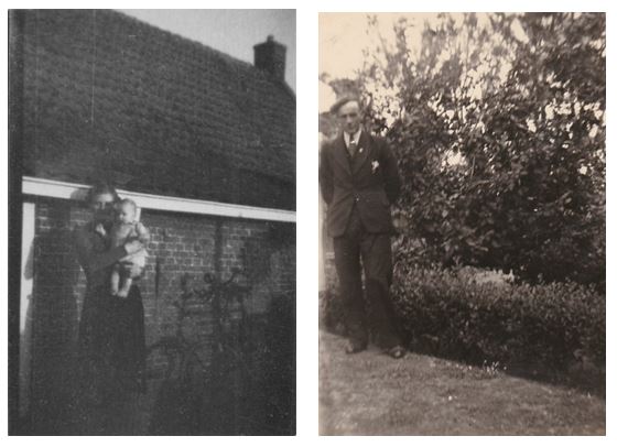 Foto links: Attje Heeringa-Boomsma, en  dochter Tjerkje, voor het huis van haar ouders. Dit huis is, Miedleane 23 en is later afgebroken en stond aan “de oude meer”. De foto dateert uit december 1944. Foto rechts: Jan Heeringa op 22 mei 1941 bij het huwelijk van Jan en Attje. 