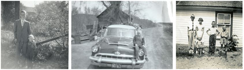 Foto links: John en Gilbert. Midden: Gilbert op Buick van zijn vader. Foto rechts: John, Shirley, Gilbert, Richard en Harry.