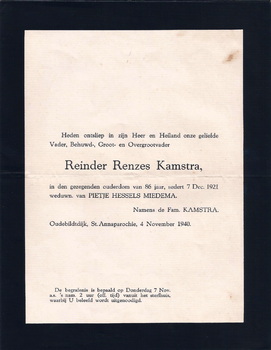 Rouwkaart Reinder Renzes (1854-1940)