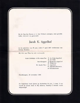 Rouwkaart Jacob Appelhof (1879-1960)