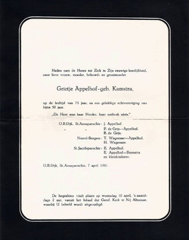 Rouwkaart Grietje Kamstra (1882-1957)