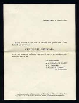 Rouwbrief Gerben H Meersma (1871-1952)