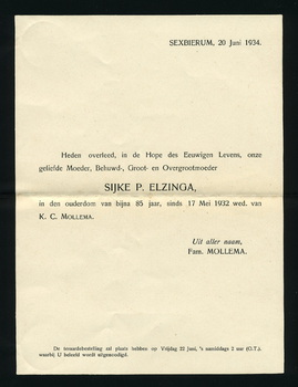Rouwbrief Sijke Mollema - Elsinga (1934)
