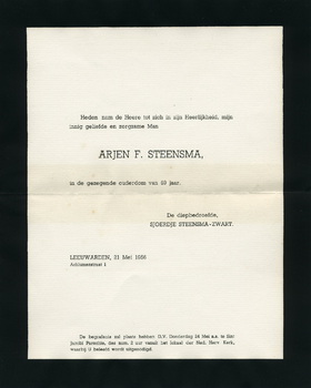 Rouwbrief Arjen Steensma (1887-1956)