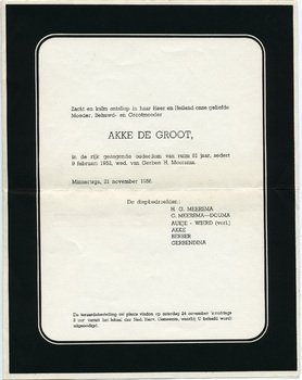 Rouwbrief Akke de Groot (1875-1956)