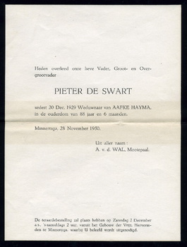 Rouwbrief Pieter de Swart